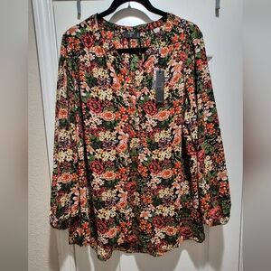 Tahari Floral Garden Blouse 1X Spice Multi Long Sleeve Top NWT